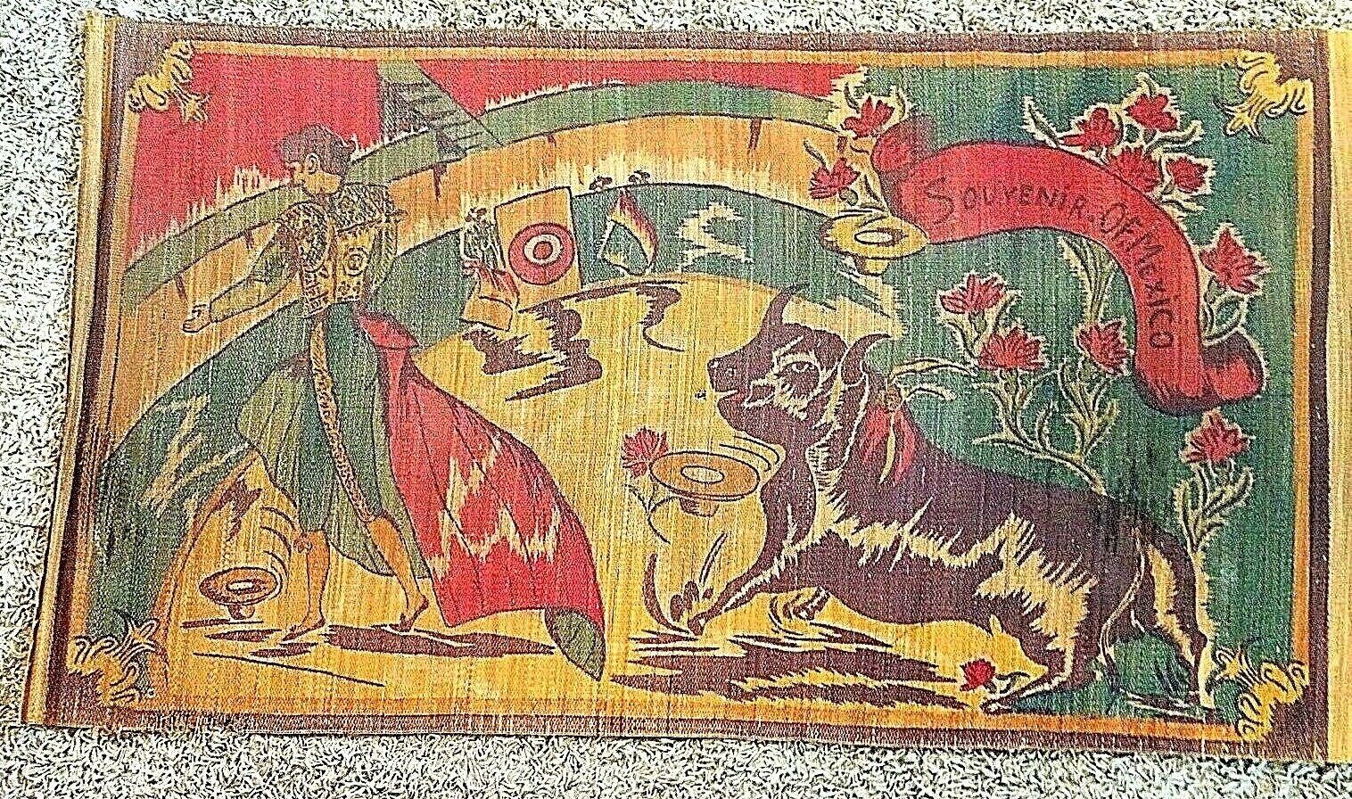 Vintage 1940s Mexico Souvenir Matador Bull Fighter Straw Tapestry Mat 66
