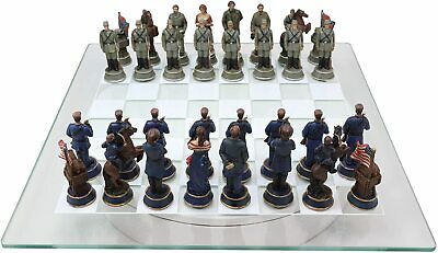 US Civil War Union North VS Confederate South Chess Pieces And Glass Board Set