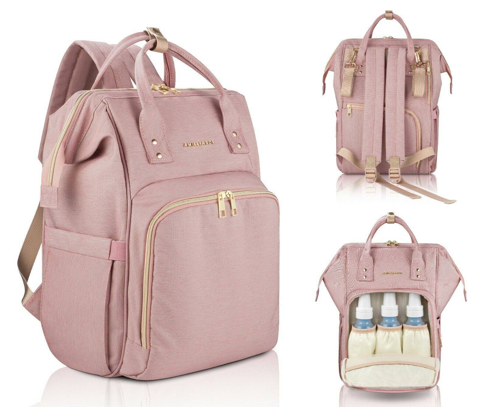 AMILLIARDI Rosé Diaper Bag Backpack - 6 INSULATED Bottle Holders