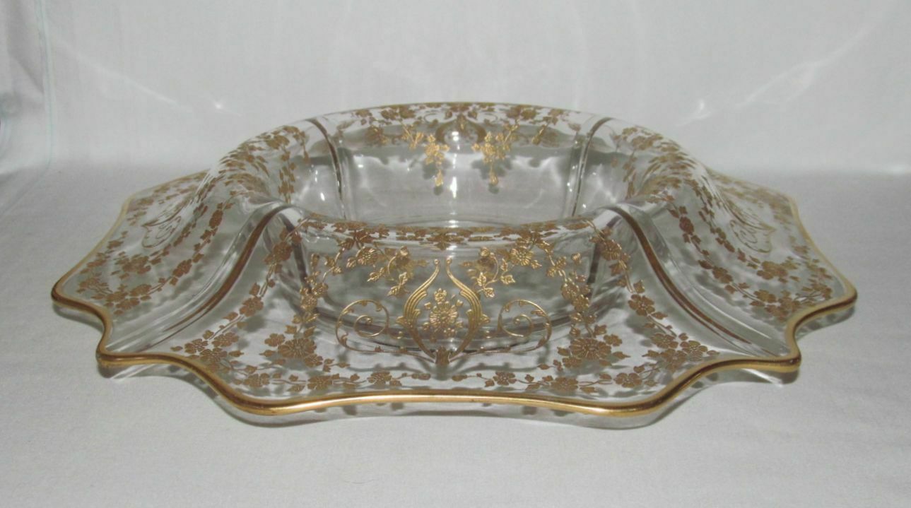 Cambridge Glass Co. Diane Etch No.752 Gold Encrusted Large Square Console Bowl