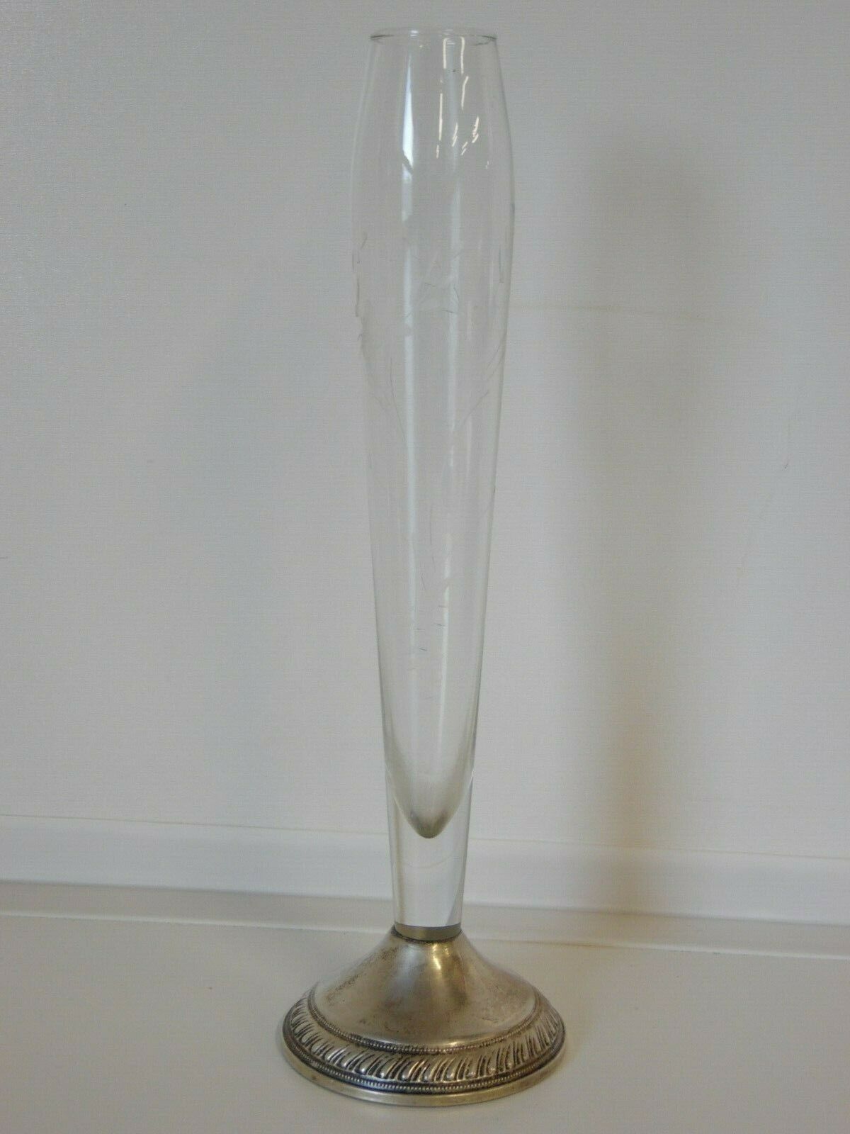 Duchin Creation Weighted 925 Sterling Silver Etched Glass Bud Vase, 9 3/4