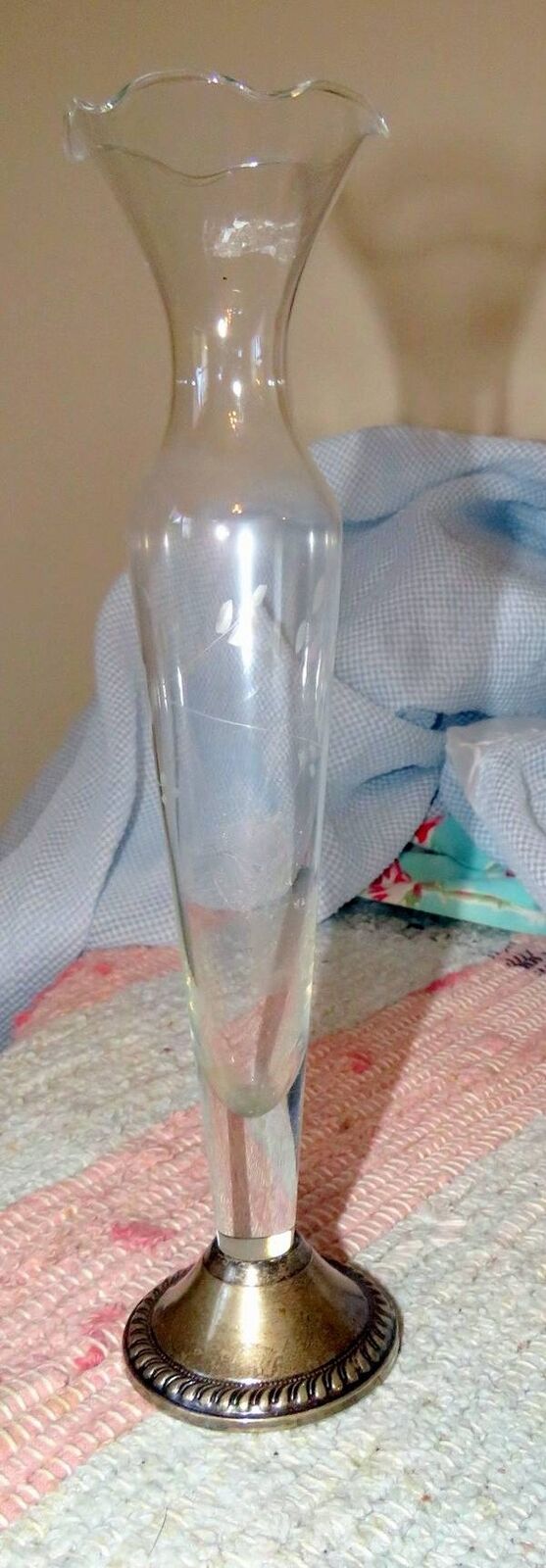 Vintage Signed "alvin" Sterling Silver Etched Crystal  Fluted Bud Vase