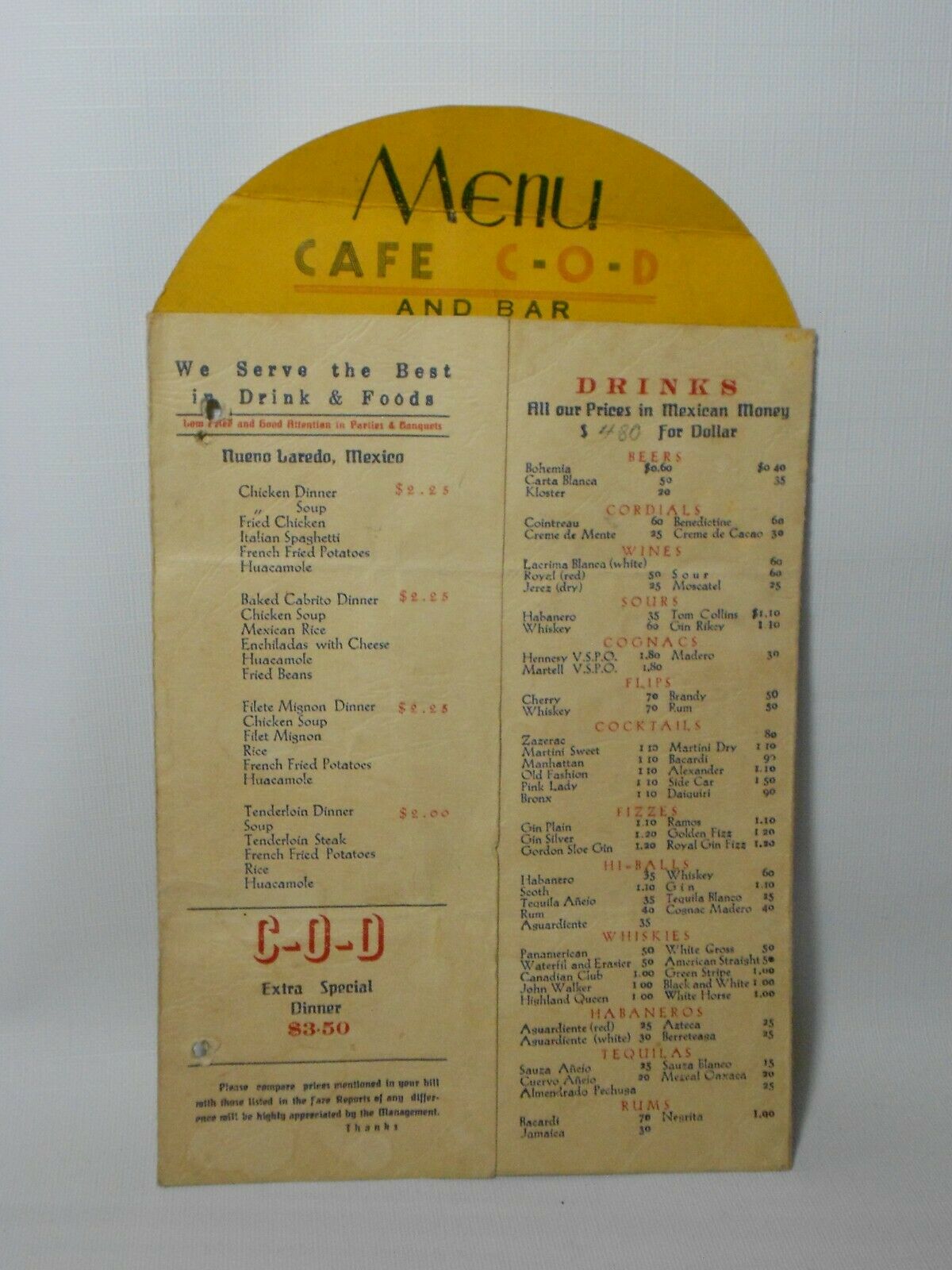 Antique 1940s Cafe Cod Mexico Restaurant Menu Rare  Free Shipping