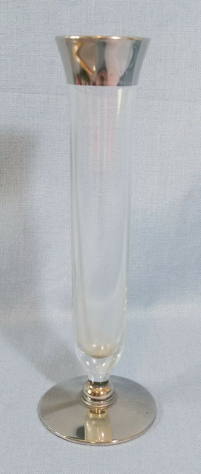 Vtg Fluted Flared Clear Glass Bud Vase Silver Plated Round Foot & Rim 6.5" Euc