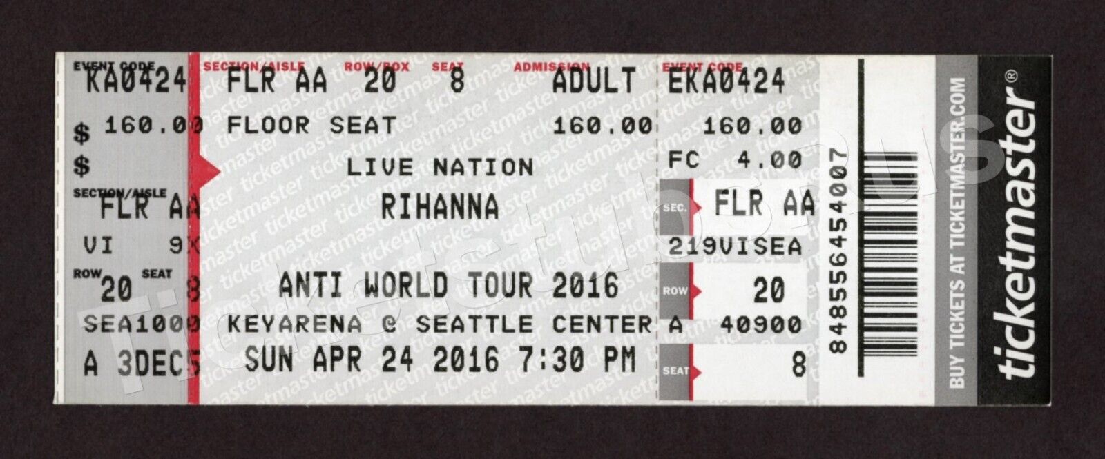 2016 RIHANNA Concert 4/24 Full Ticket KEYARENA Seattle Center ANTI WORLD TOUR