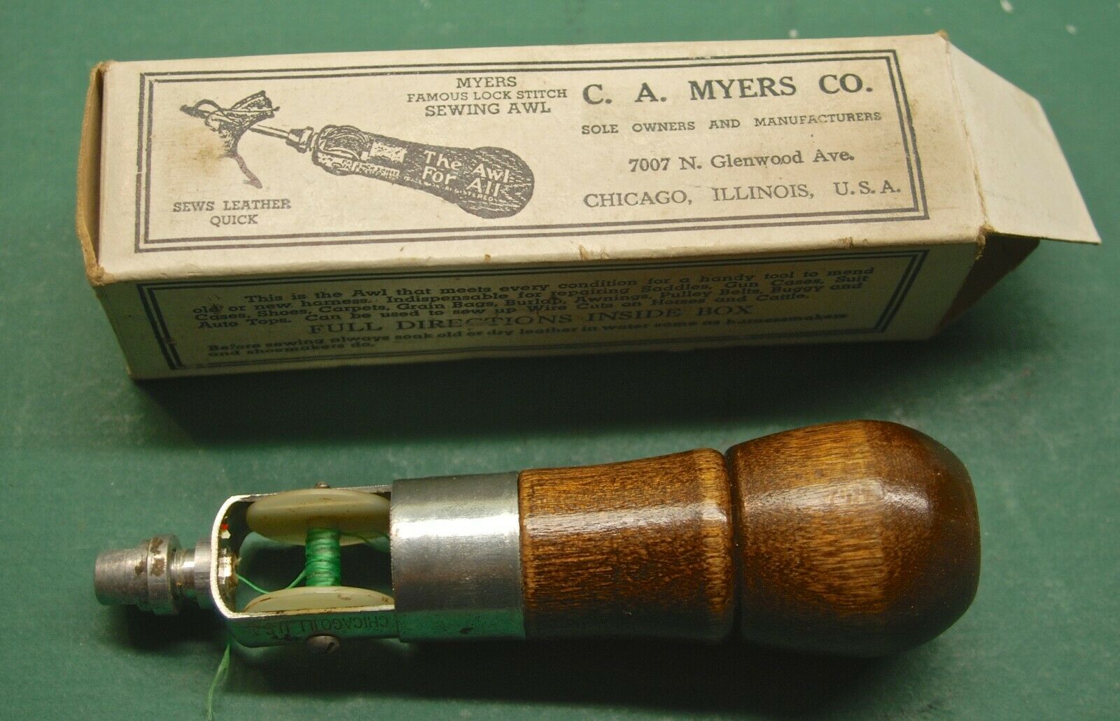 Vintage C.a.myers Co. Lock Stitch Combo Sewing Awl Has Original Box & Directions