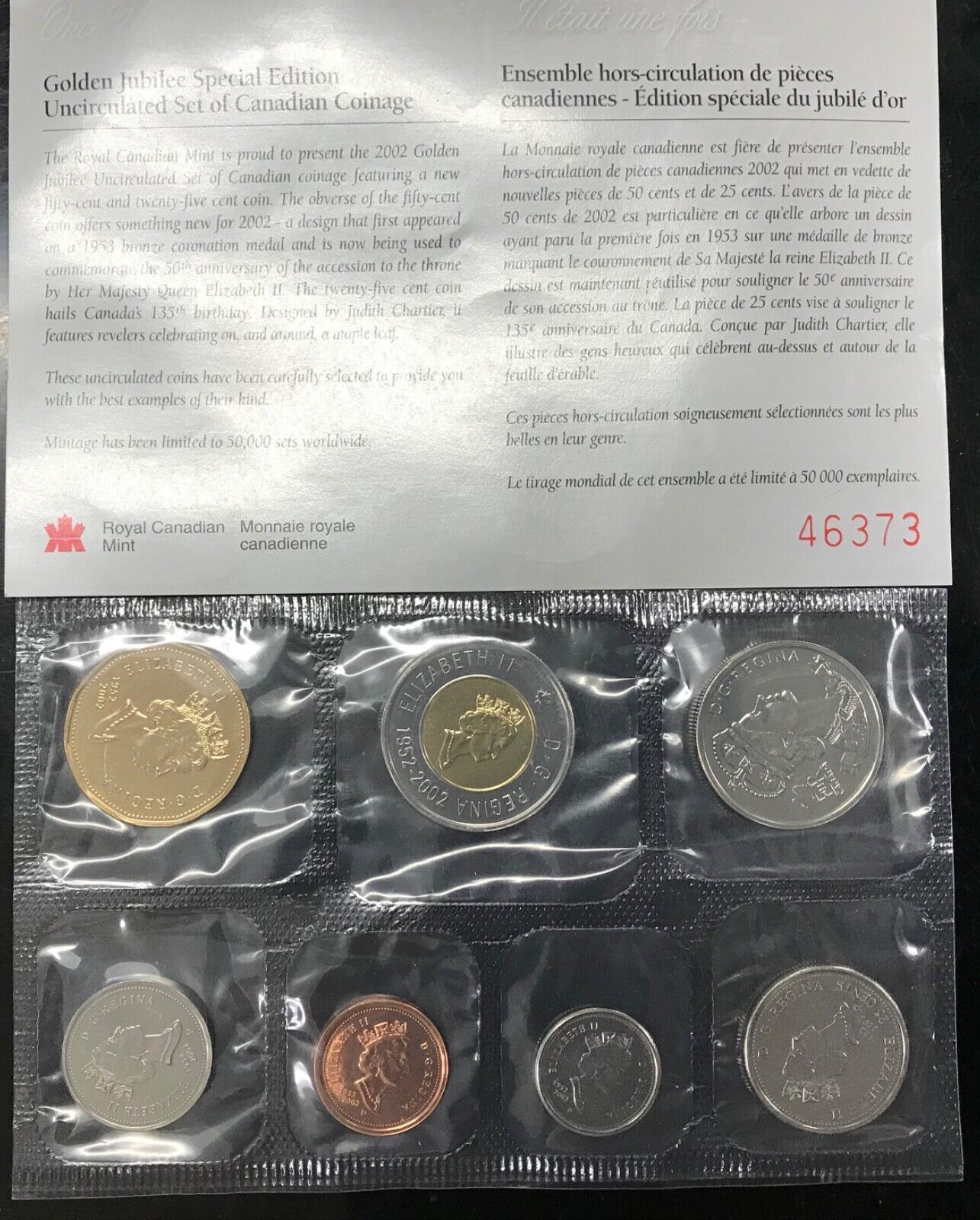 2002 Royal Canadian Mint Golden Jubilee Uncirculated Set, 7 coins 1 cent to $2