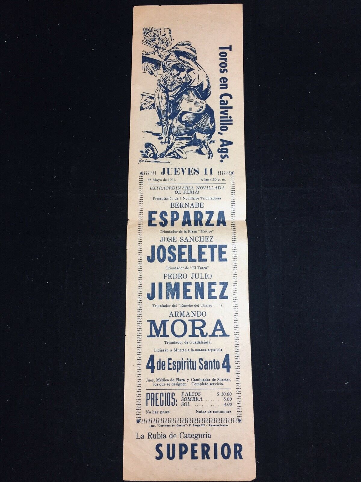 1961 Mexico Bullfight Advertisement, Toros En Calvillo,ags. 18" X 4 1/2"