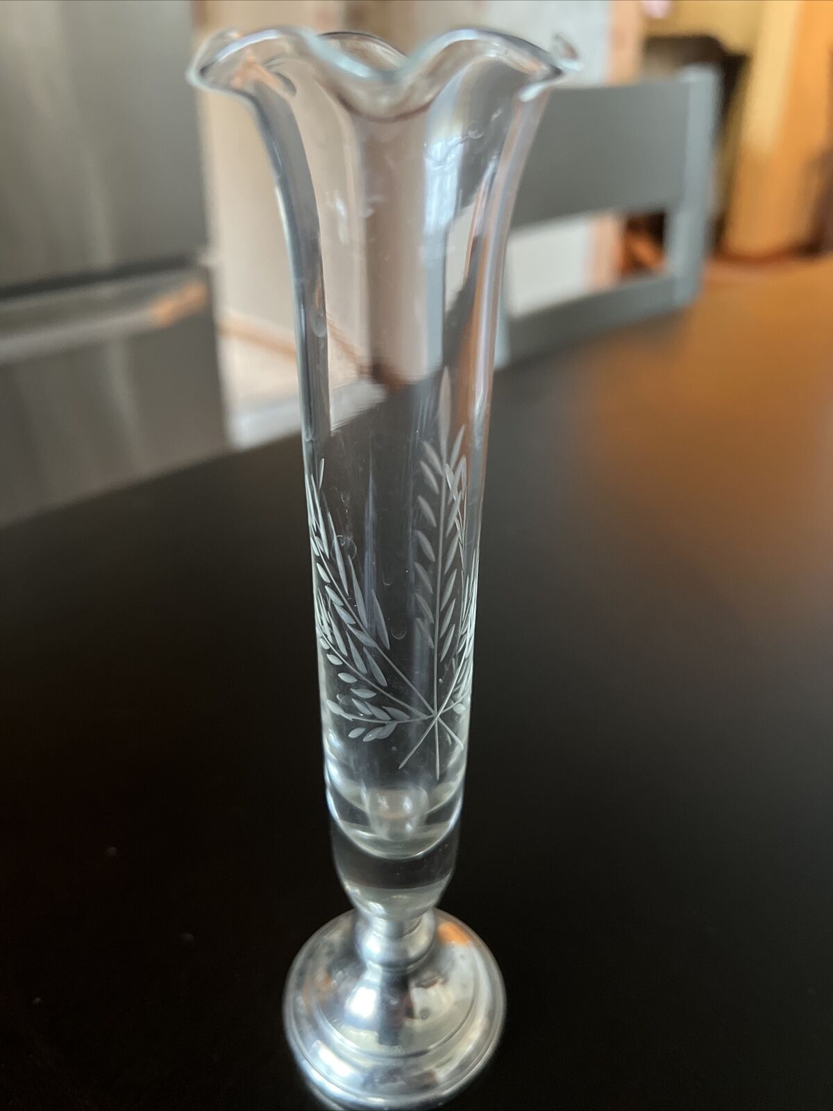Vintage Glass Crystal Bud Vase WEB Sterling Silver Base Wheat Etched Fluted