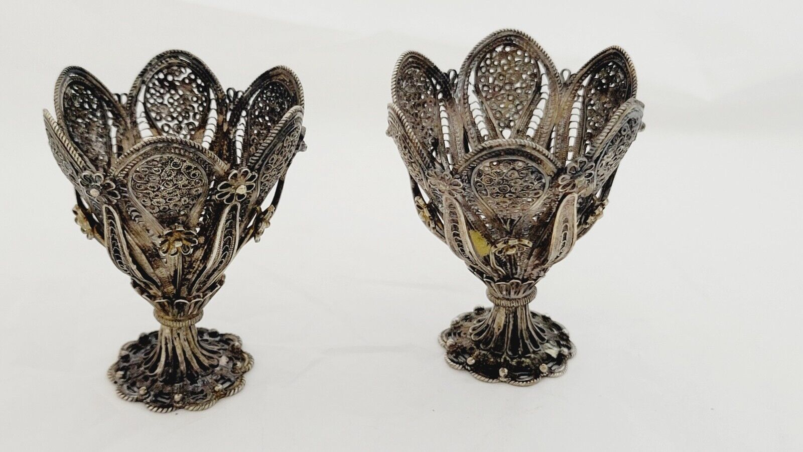 Pair Of Sterling Silver Filigree Matching Small Vases