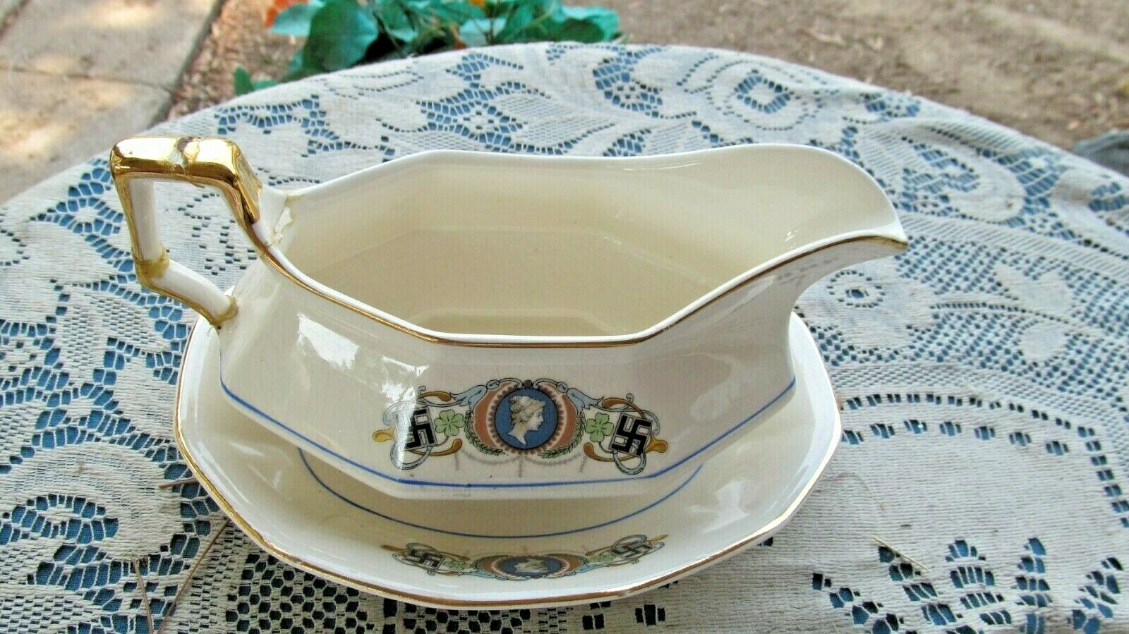 SEBRING POTTERY ANTIQUE LADY LUCK fortune GRAVY BOAT & PLATE non German swastika