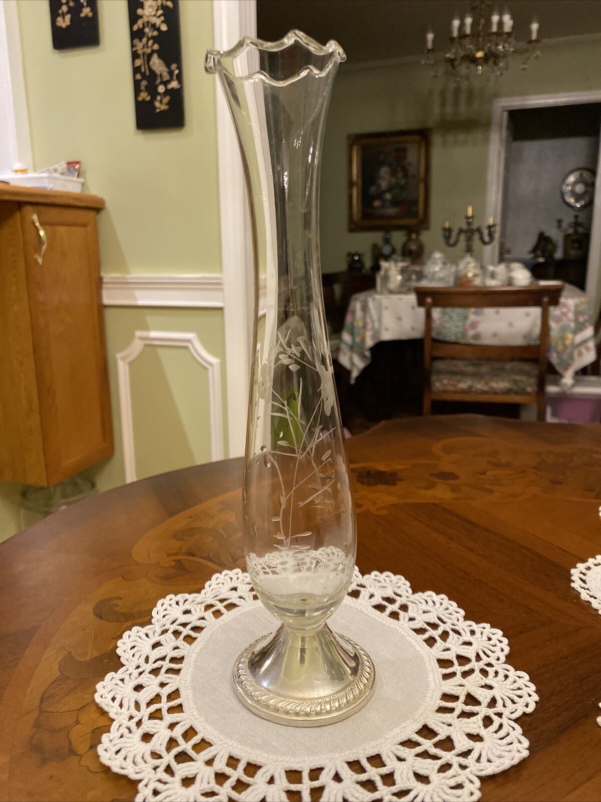 CRYSTAL FLOWER VASE WITH STERLING SILVER BASE RUFFLED RIM 10”