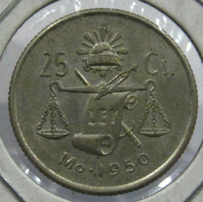 1950 Mexican 25 Centavos 30% Silver Coin - Mexico